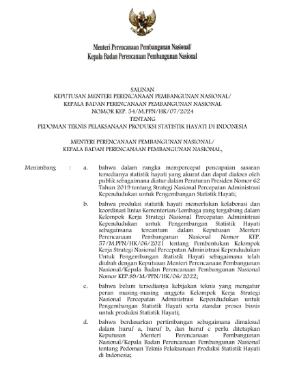 SK Menteri PPN/Kepala Bappenas Nomor KEP. 54/M.PPN/HK/07/2024 Tentang Pedoman Teknis Produksi Statistik Hayati