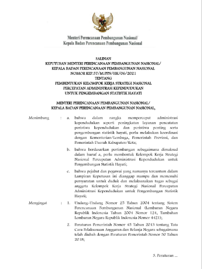SK Menteri PPN/Kepala Bappenas Nomor Kep.57/M.PPN/HK/06/2021 Tentang Pembentukan Kelompok Kerja Strategi Nasional  Percepatan Administrasi Kependudukan Untuk Pengembangan Statistik Hayati