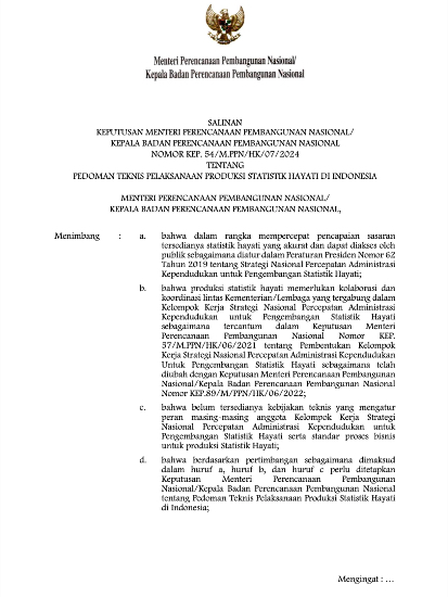 Keputusan Menteri PPN/Bappenas Tentang Pedoman Teknis Pelaksanaan Produksi Statistik Hayati di Indonesia